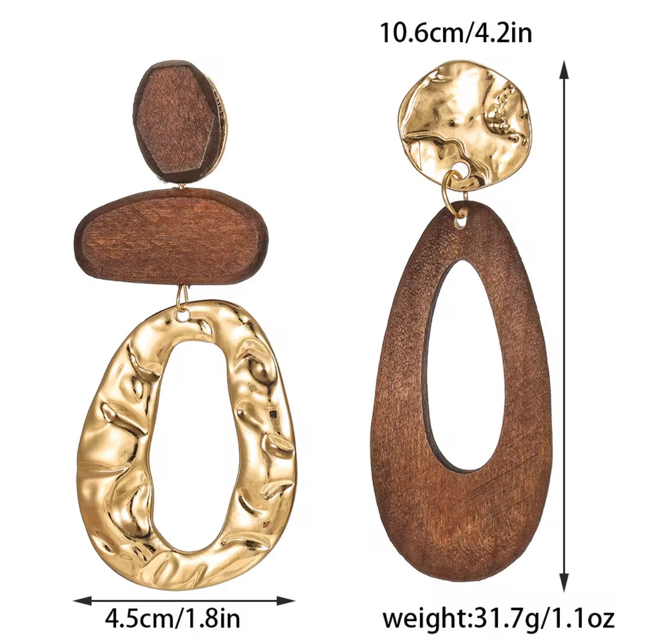 Asymmetrical Wood & Gold Metal Drop Earrings