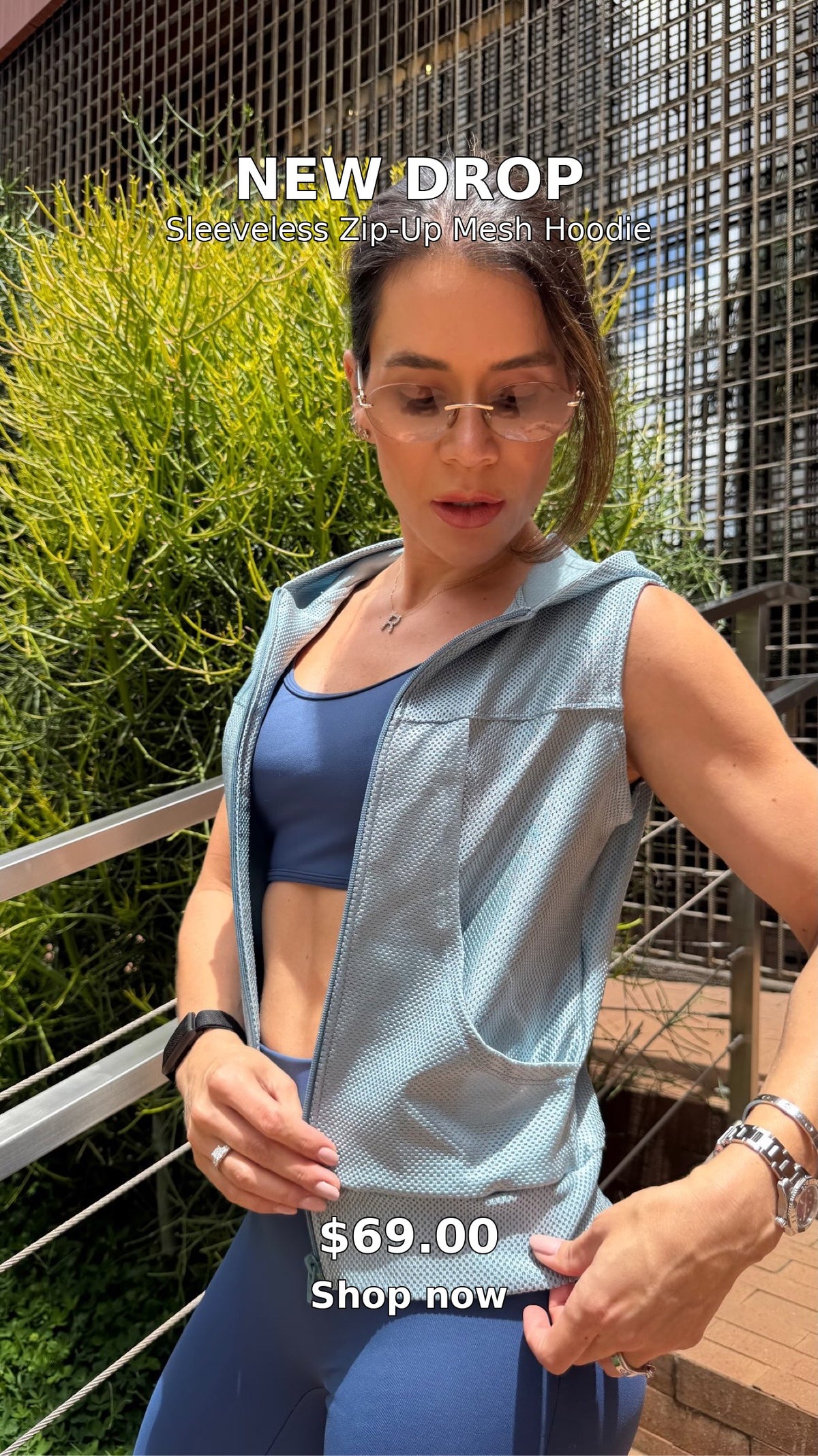 Sleeveless Zip-Up Mesh Hoodie – Dusty Blue