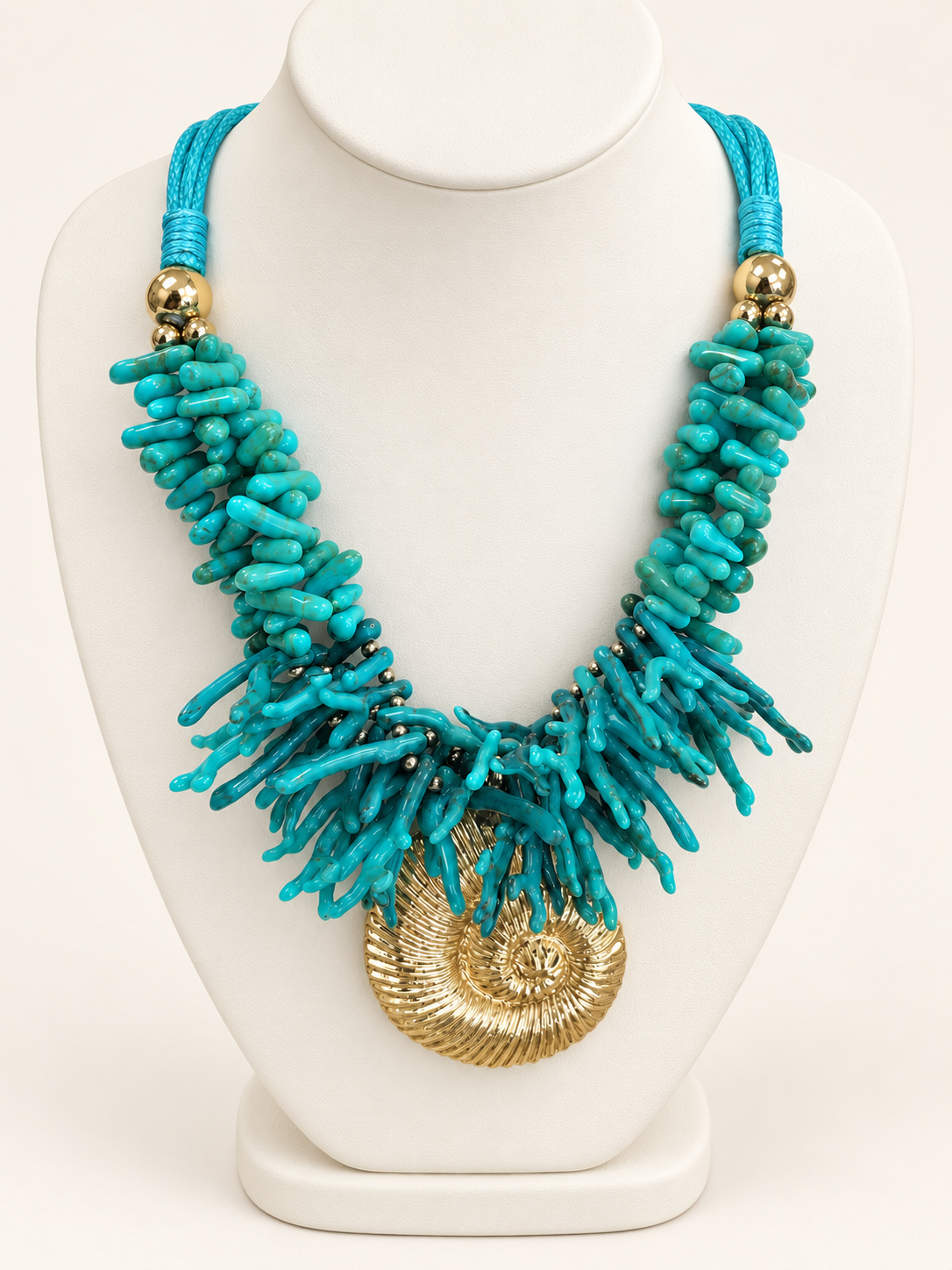 Turquoise Coral Statement Necklace with Gold Shell Pendant