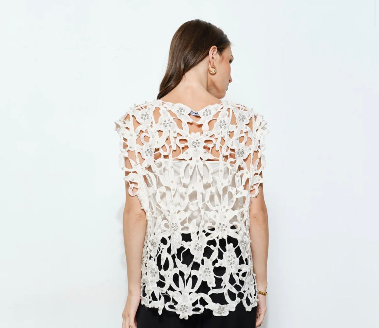 PEARL RHINESTONE EMBELLISHED LACE CUTOUT TOP