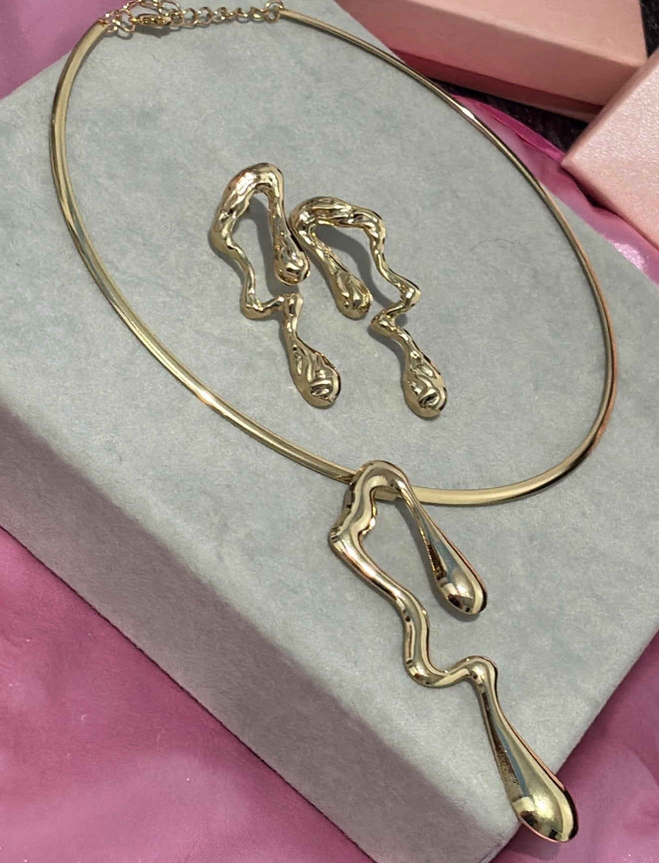 Choker and Earring Set, 18k Gold Plated, Melted Drops