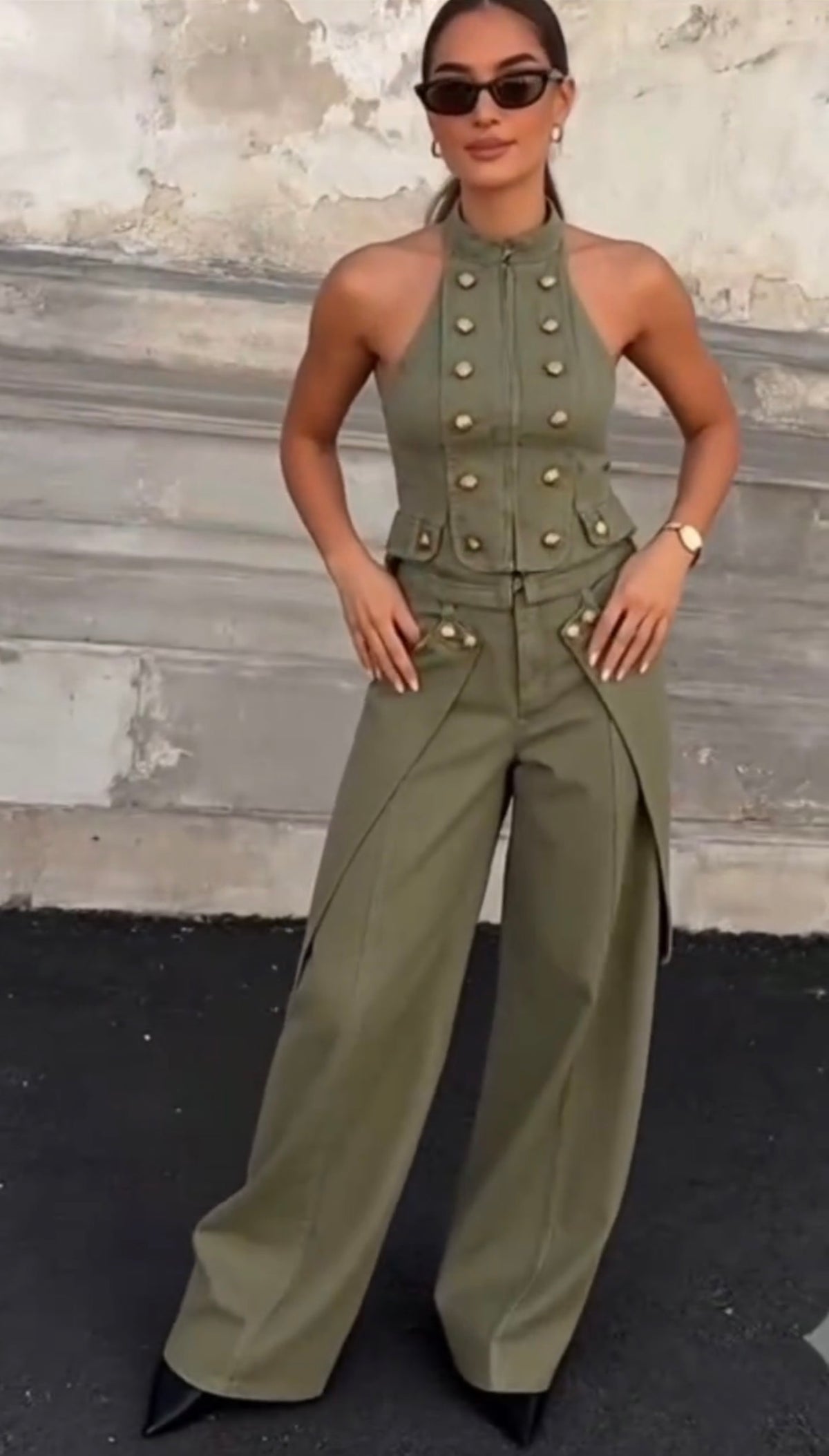 Olive Button-Detail Two-Piece Set