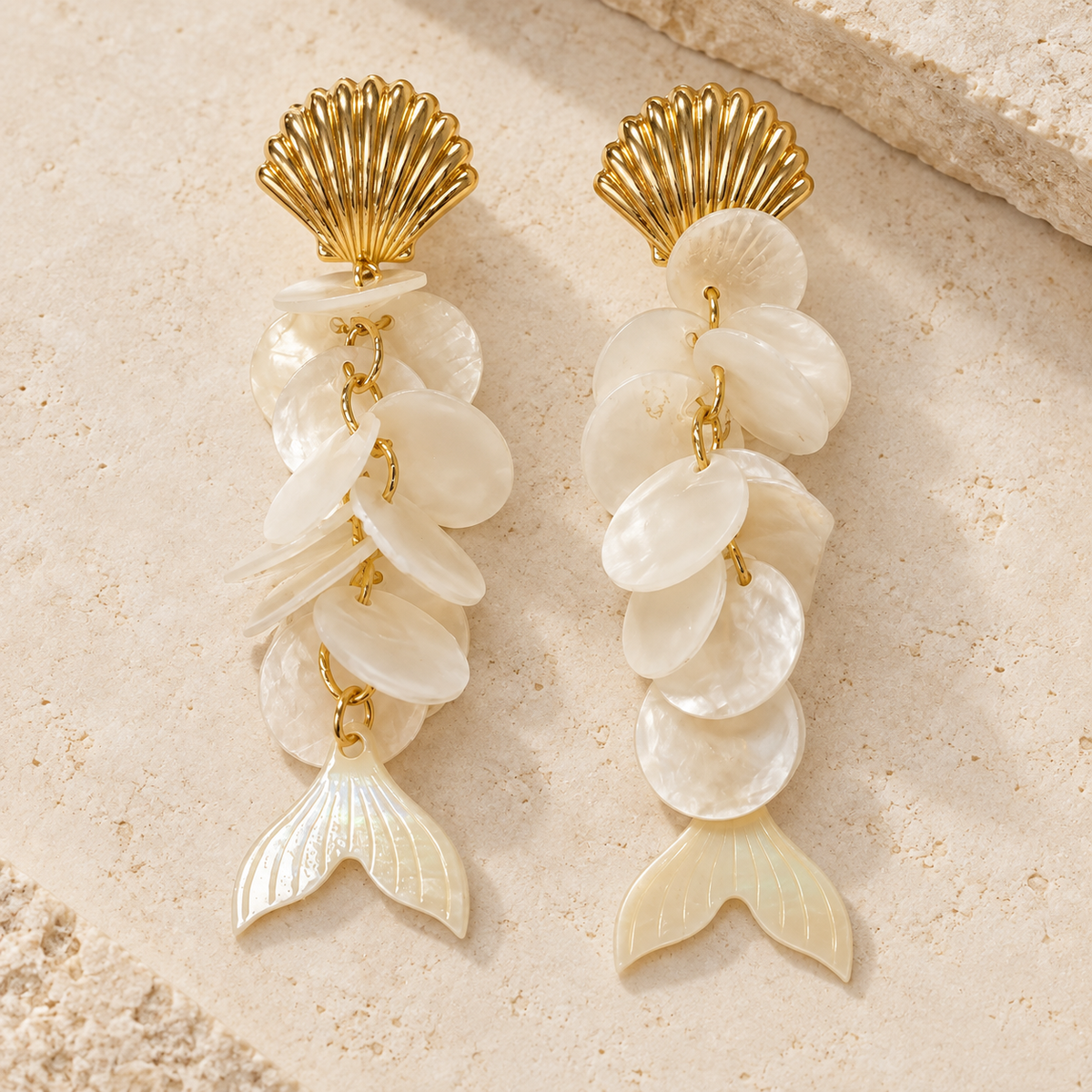 Gold-Tone Shell & Mermaid Tail Statement Earrings