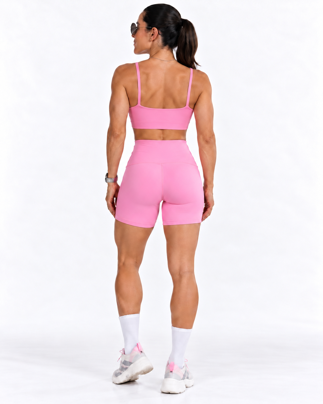 Pink Ruched Sports Bra & Biker Shorts Set