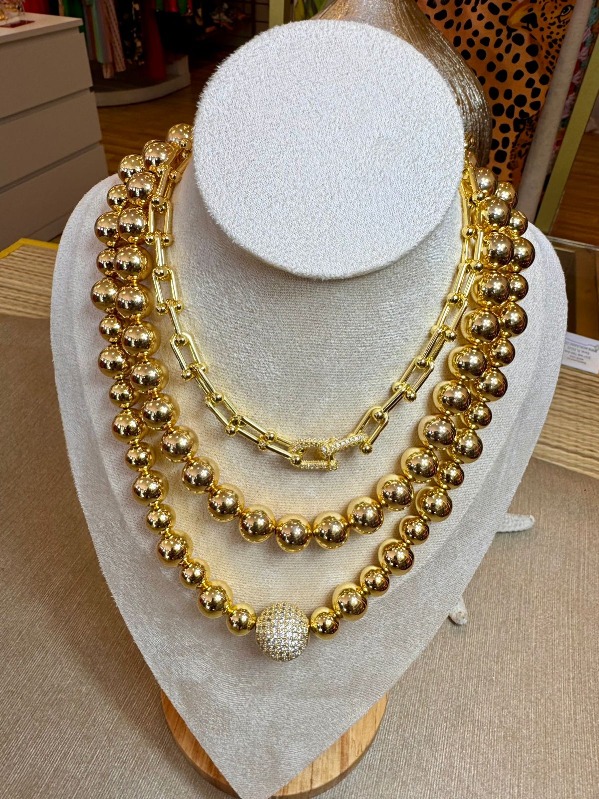 4mm Gold Beaded Necklace with Jeweled Disco Ball