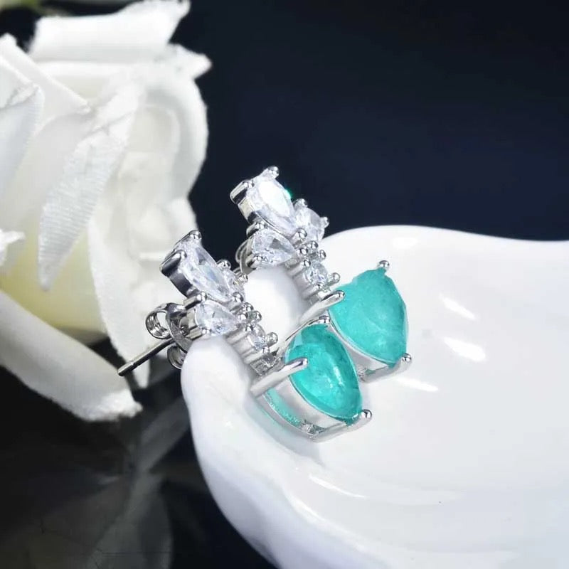 Cute Brazilian Paraiba Tourmaline Jewelry Set Necklace Clavicle Stud Earring Silver Color Banquet Jewelry