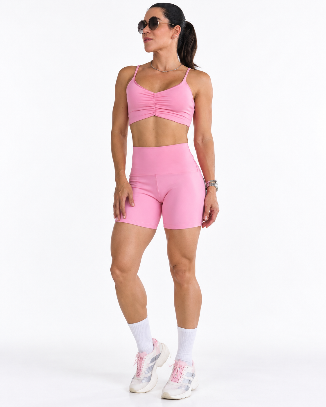 Pink Ruched Sports Bra & Biker Shorts Set
