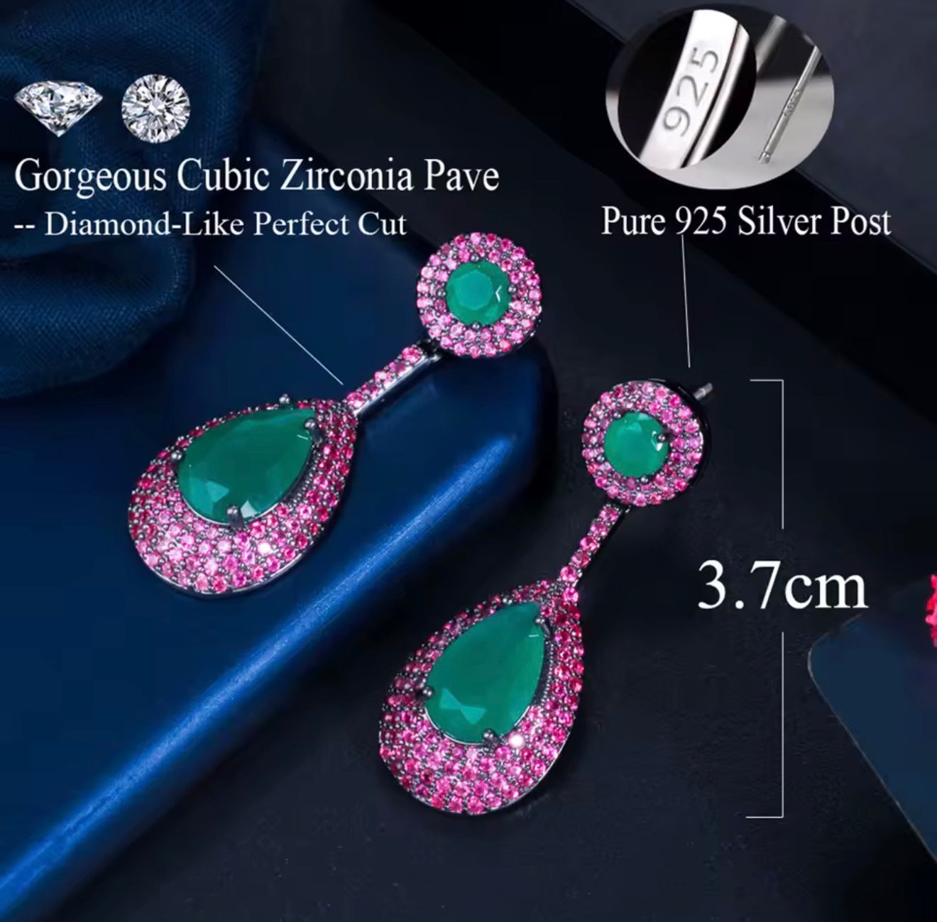 Pera Brazilian Emerald Green , Fuchsia Cubic Zirconia CZ Long Big Waterdrop Dangle Drop Earrings