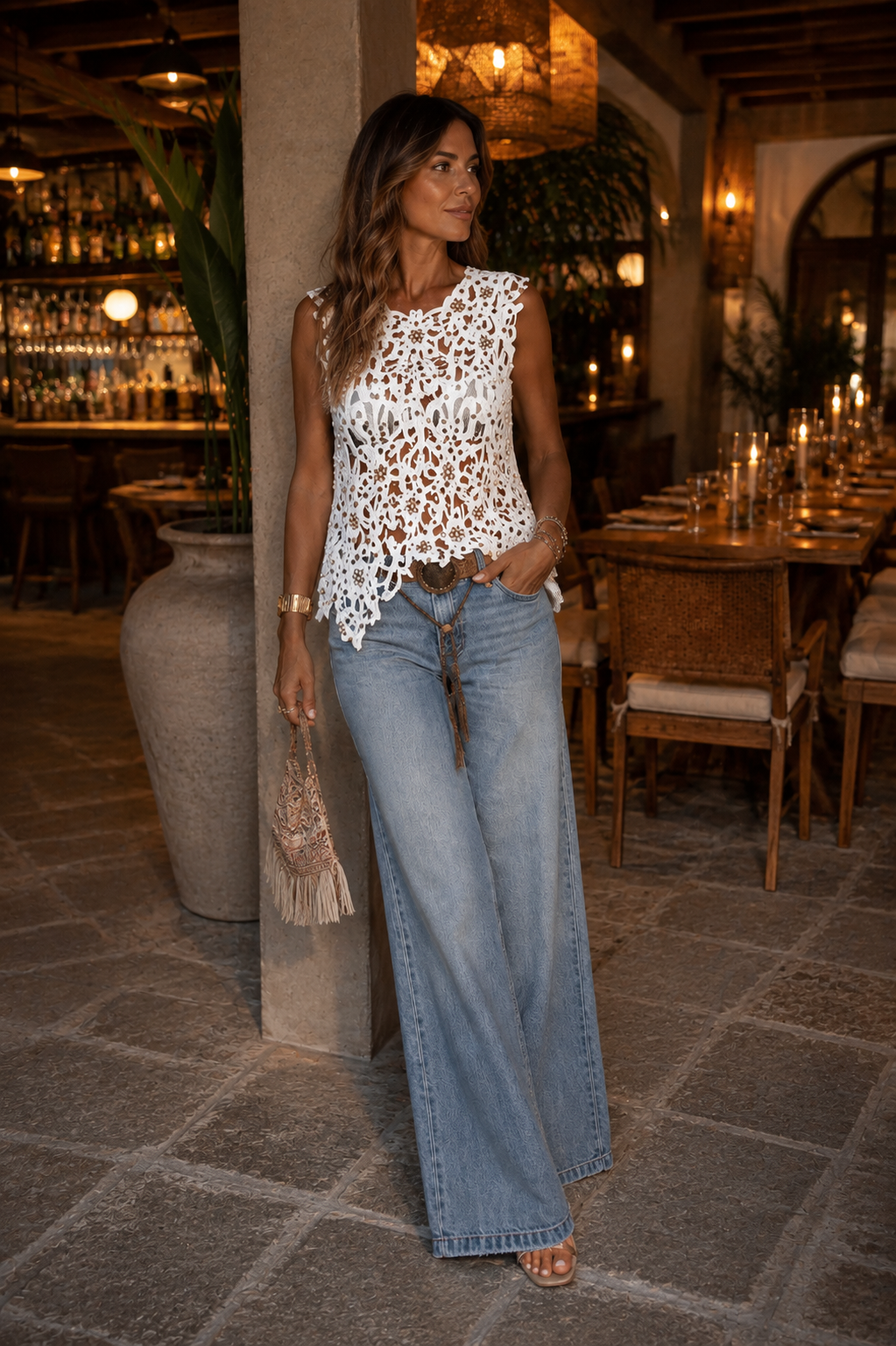 White Pearl Embellished Crochet Top