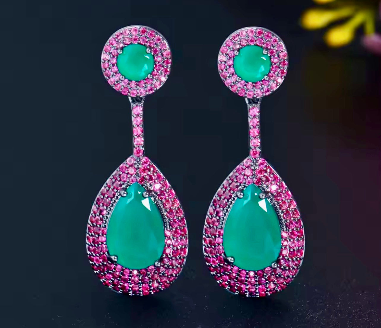 Pera Brazilian Emerald Green , Fuchsia Cubic Zirconia CZ Long Big Waterdrop Dangle Drop Earrings