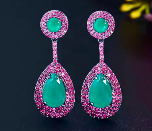 Pera Brazilian Emerald Green , Fuchsia Cubic Zirconia CZ Long Big Waterdrop Dangle Drop Earrings