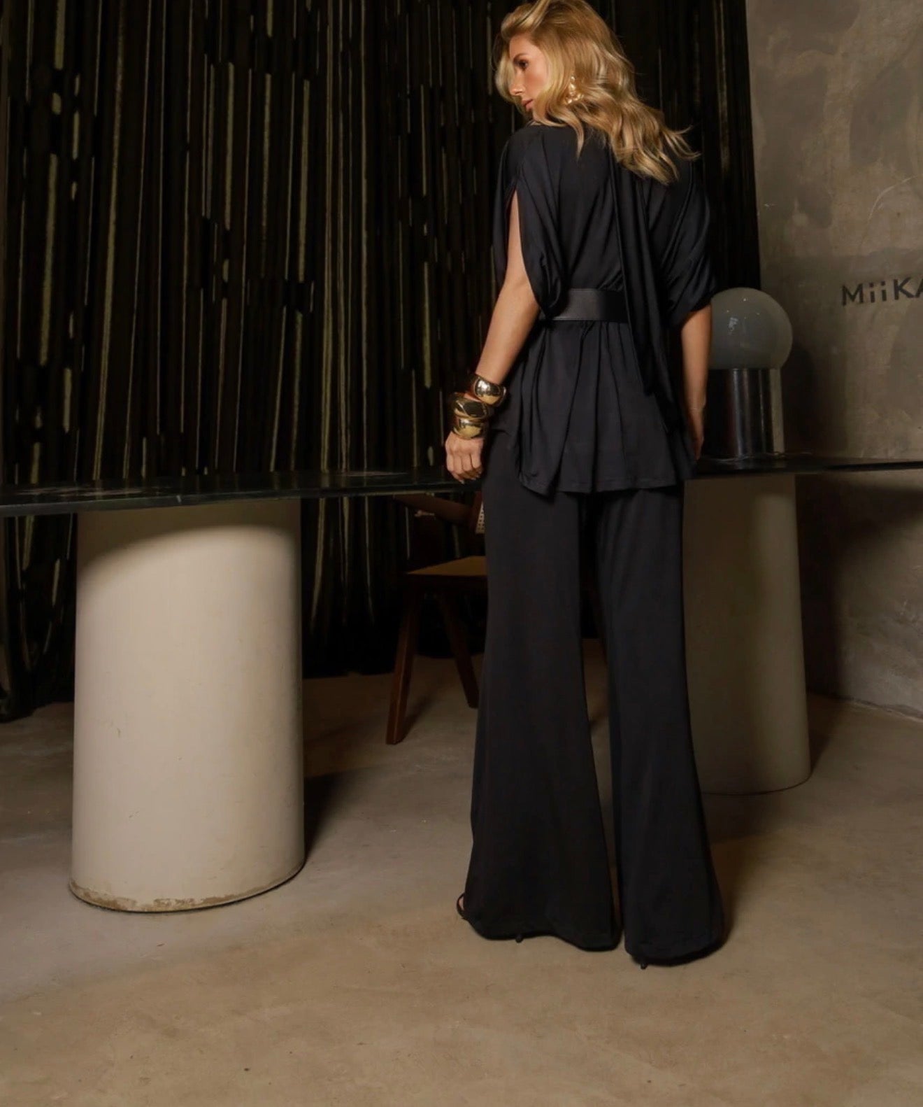 Keziah Draped Cape Top & Wide-Leg Pants Set