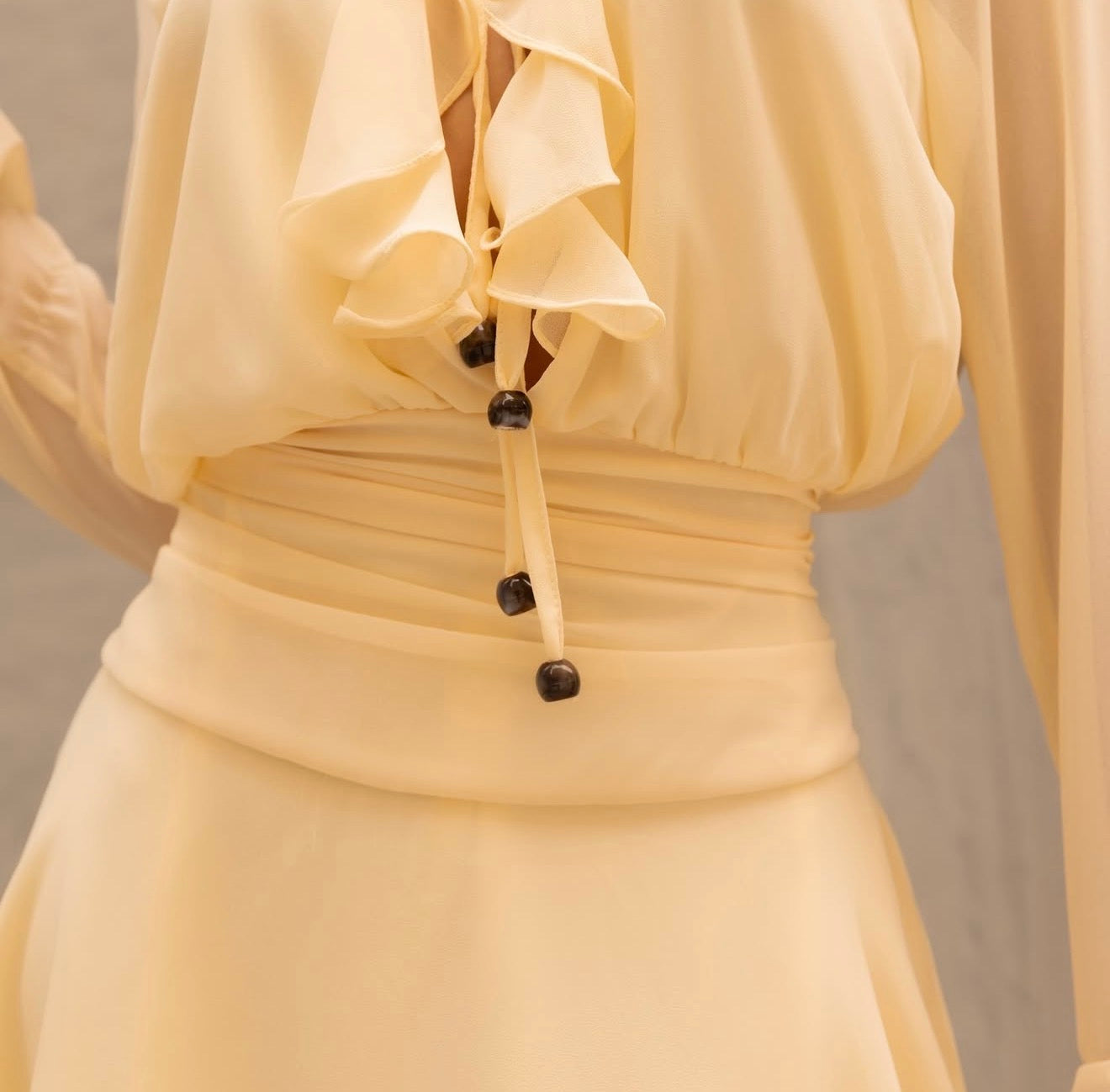 Cream Satin Dress with Ruffled Front and Wrap Waist