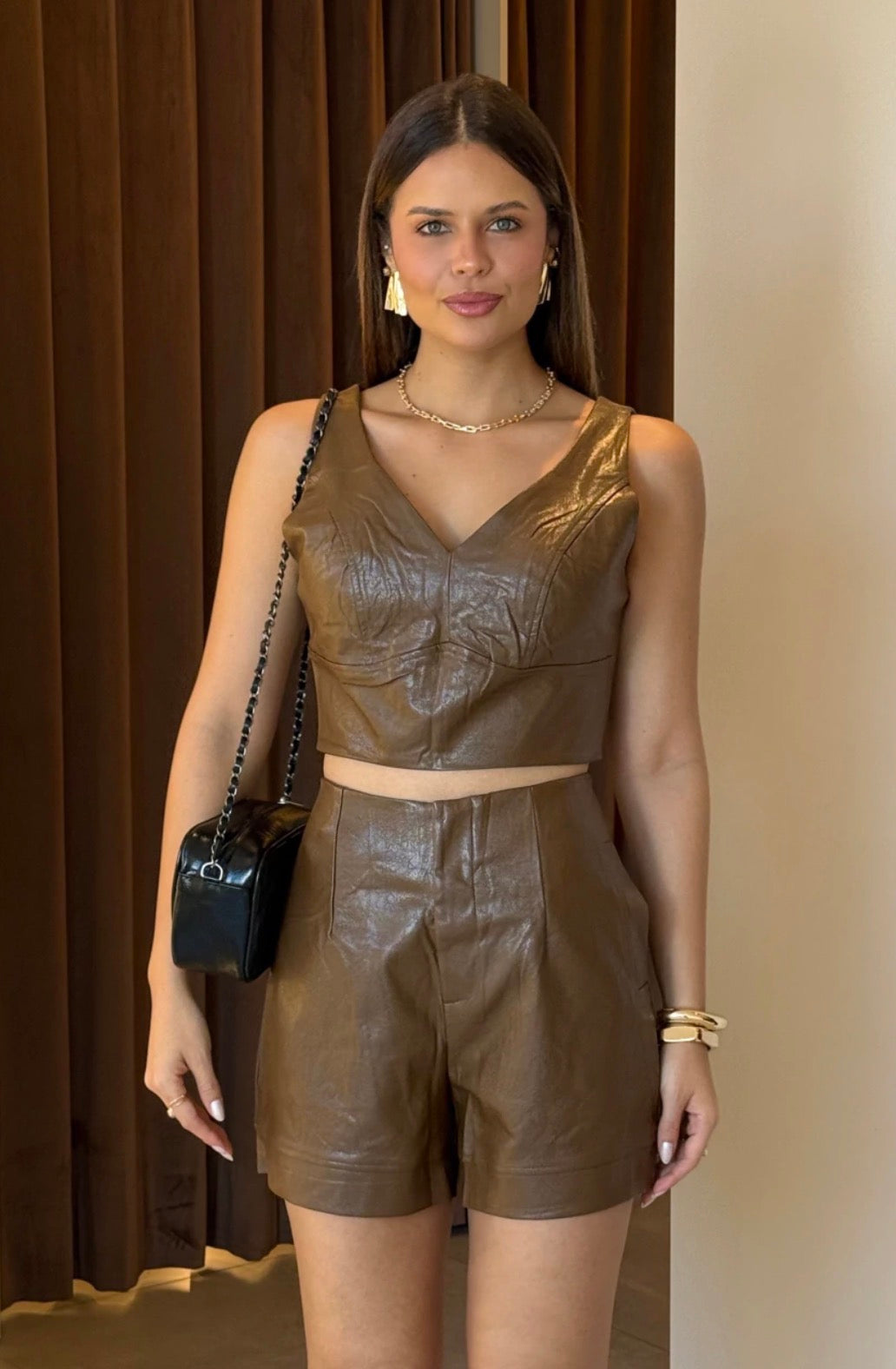 Short and cropped top set - brown