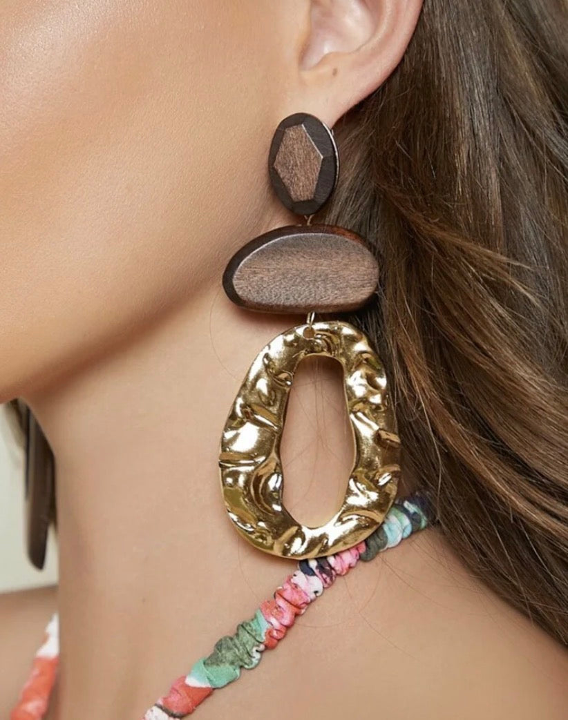 Asymmetrical Wood & Gold Metal Drop Earrings