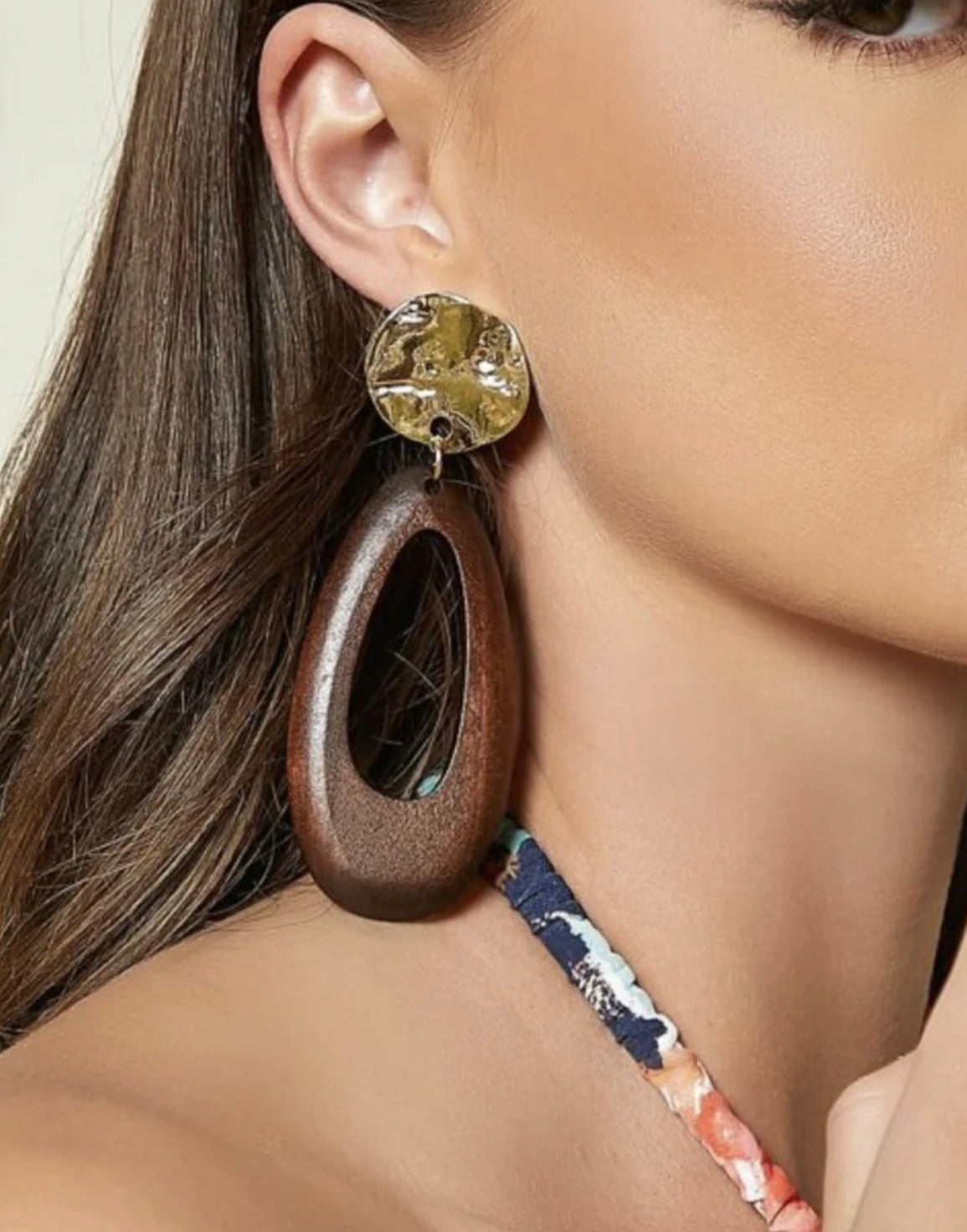 Asymmetrical Wood & Gold Metal Drop Earrings