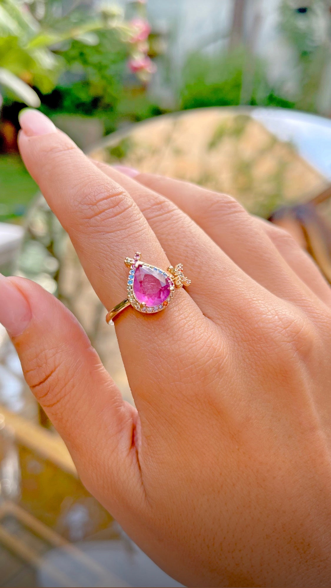 Pink Drop Tourmaline CZ colors gold plated ring