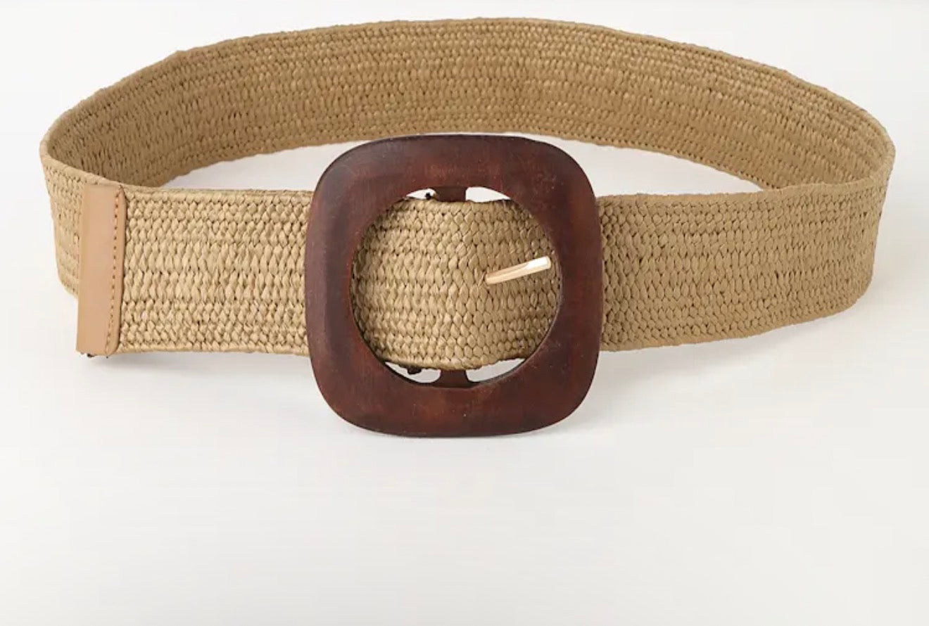 STRAW BELT W/WOOD BUCKLE