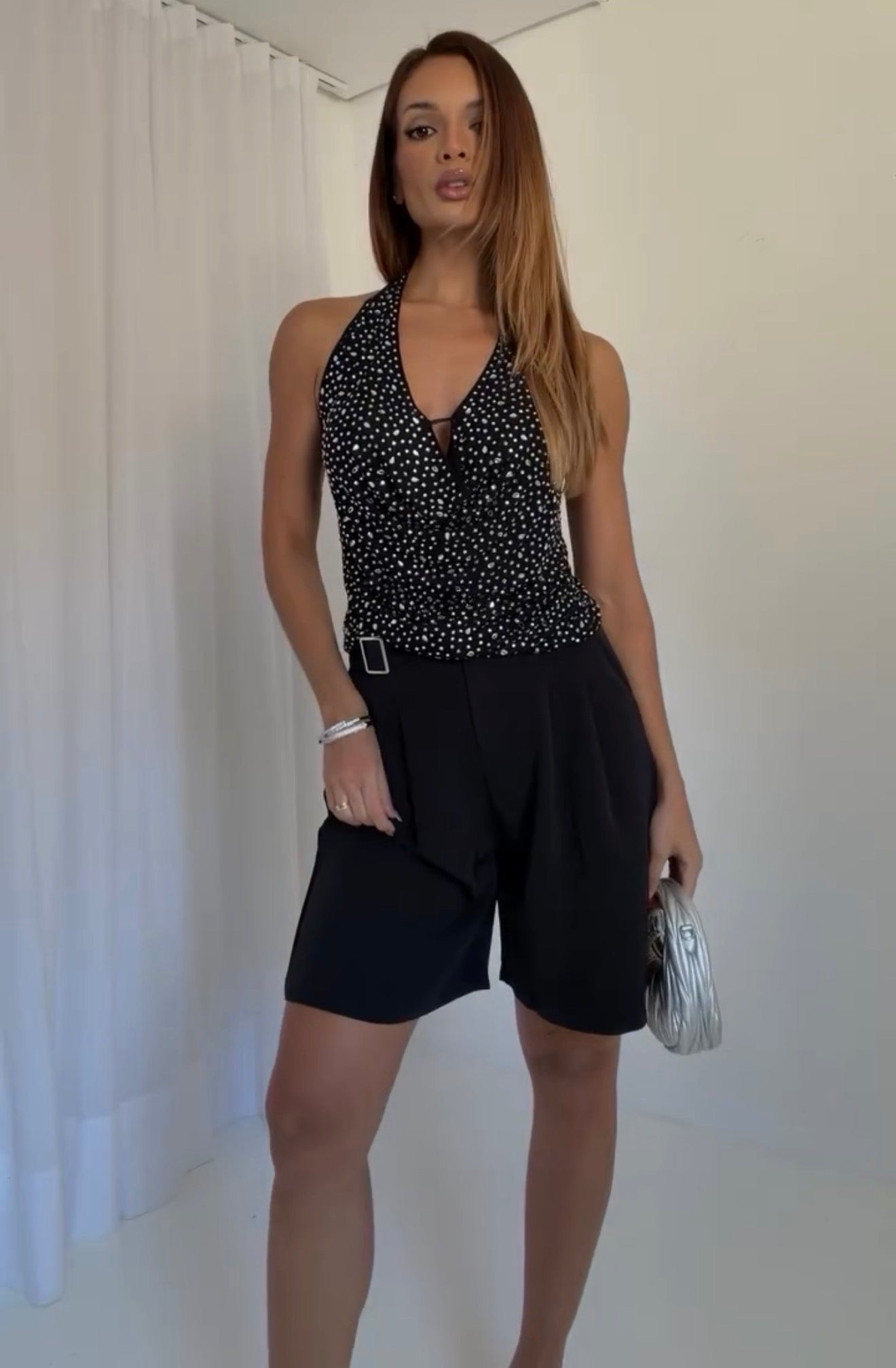 Glitzy Chic Rhinestone Cowl Halter Top