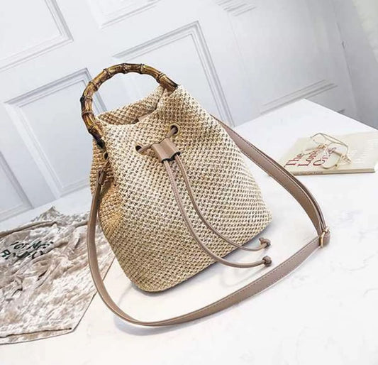 Straw Bucket Bamboo   Handbag