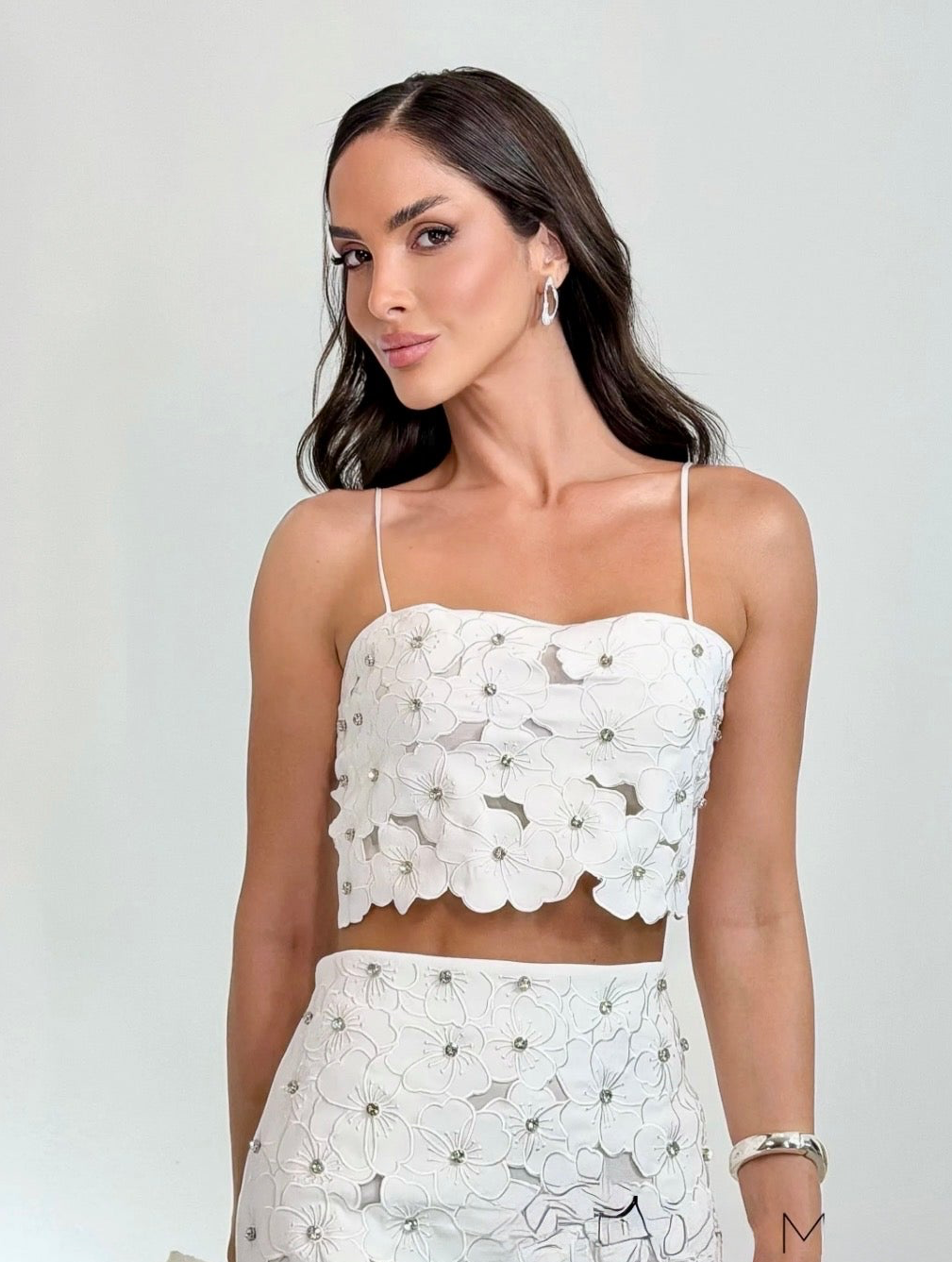 Off White 3D rhinestone floral Top