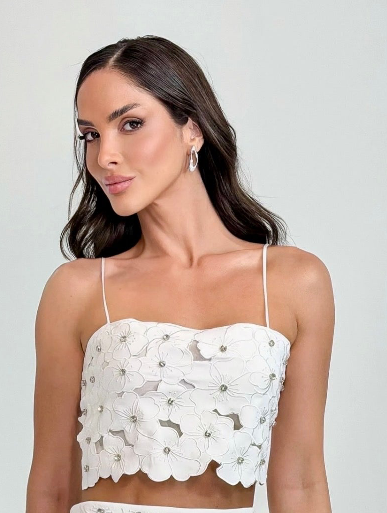 Off White 3D rhinestone floral Top