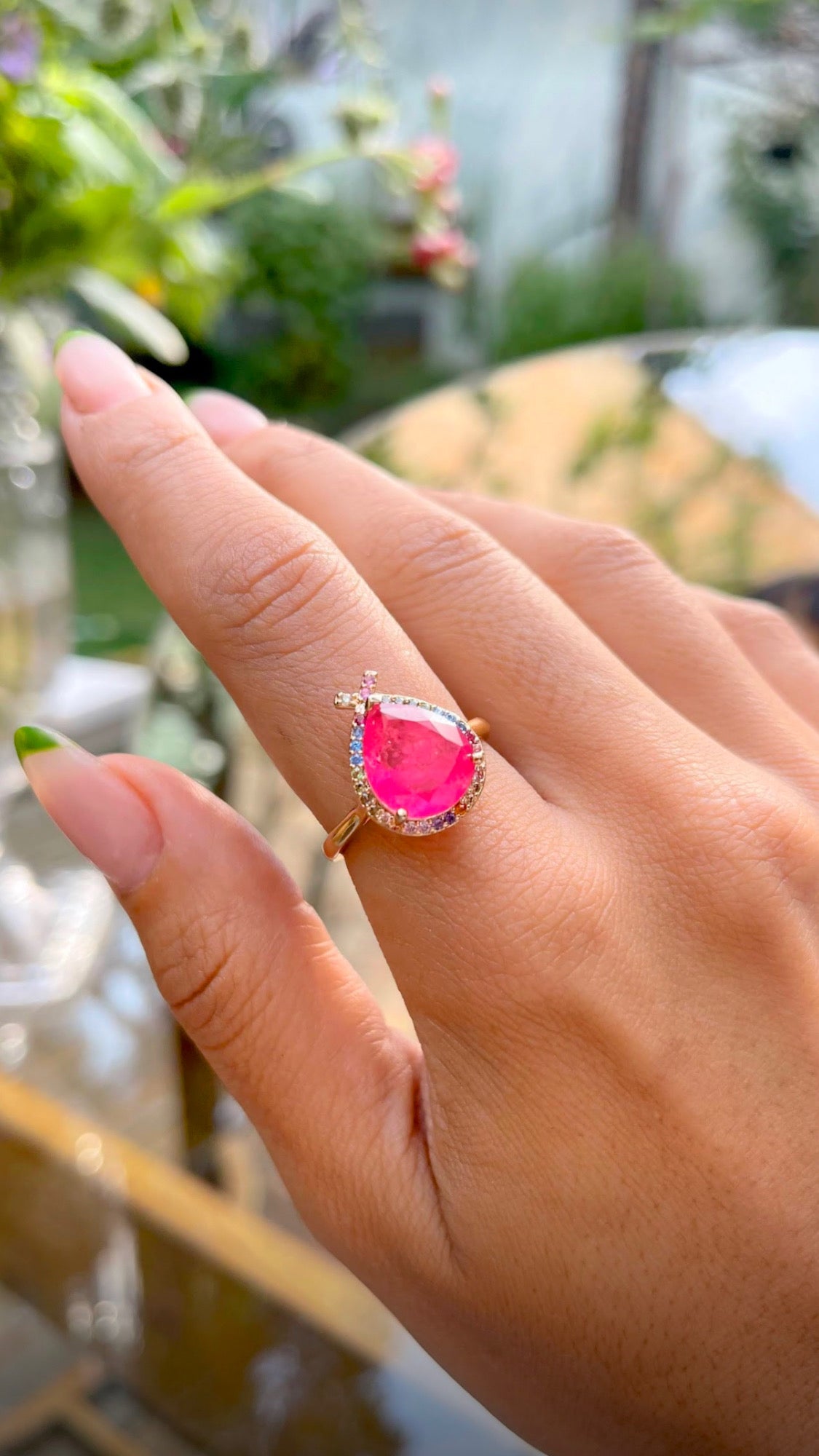 Pink Drop Tourmaline CZ colors gold plated ring