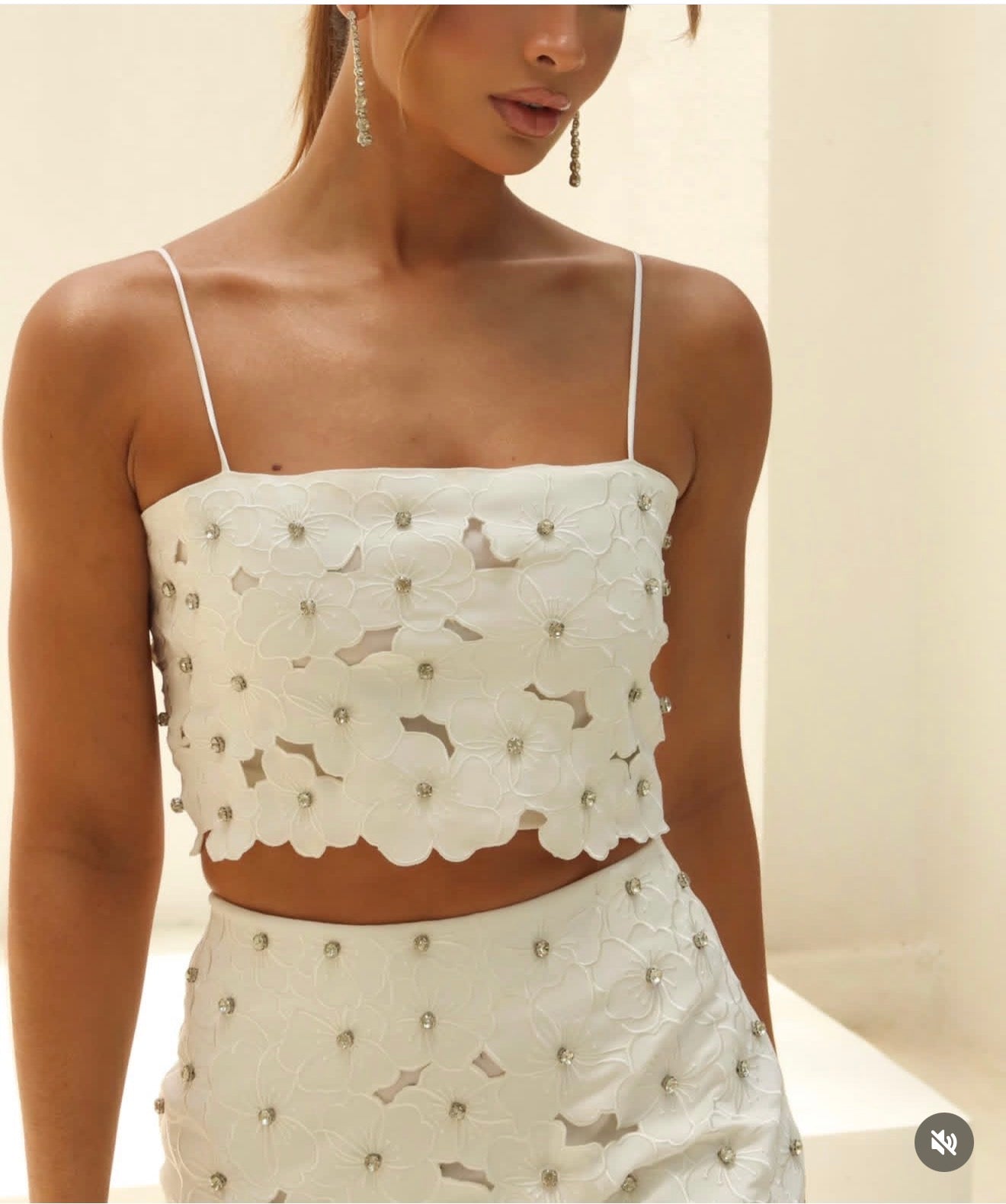 Off White 3D rhinestone floral skirt Set