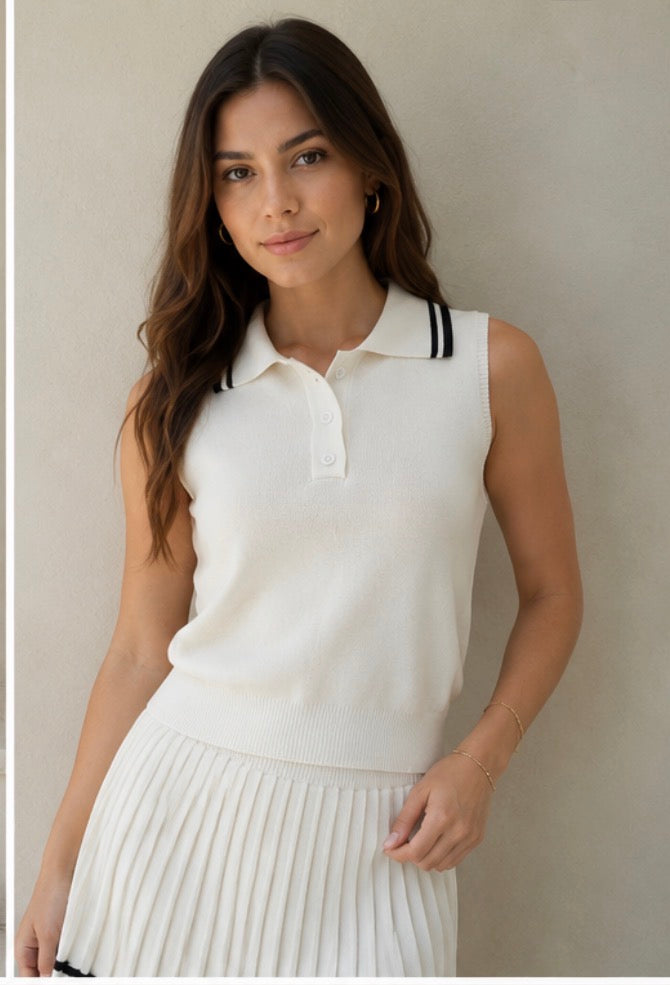 Women’s Knit Polo Top & Pleated Skirt Set