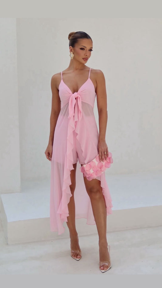 Pink Chiffon Drape long Tunic Short Set