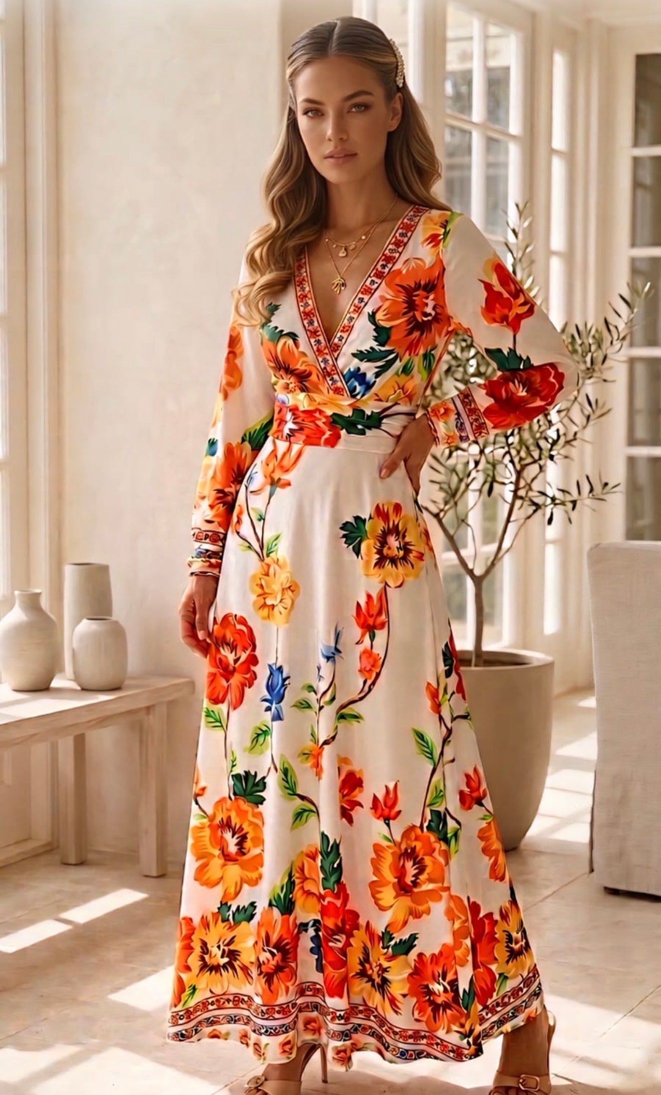 Luana Fluity Long Sleeve Floral Cutout Side Maxi Dress