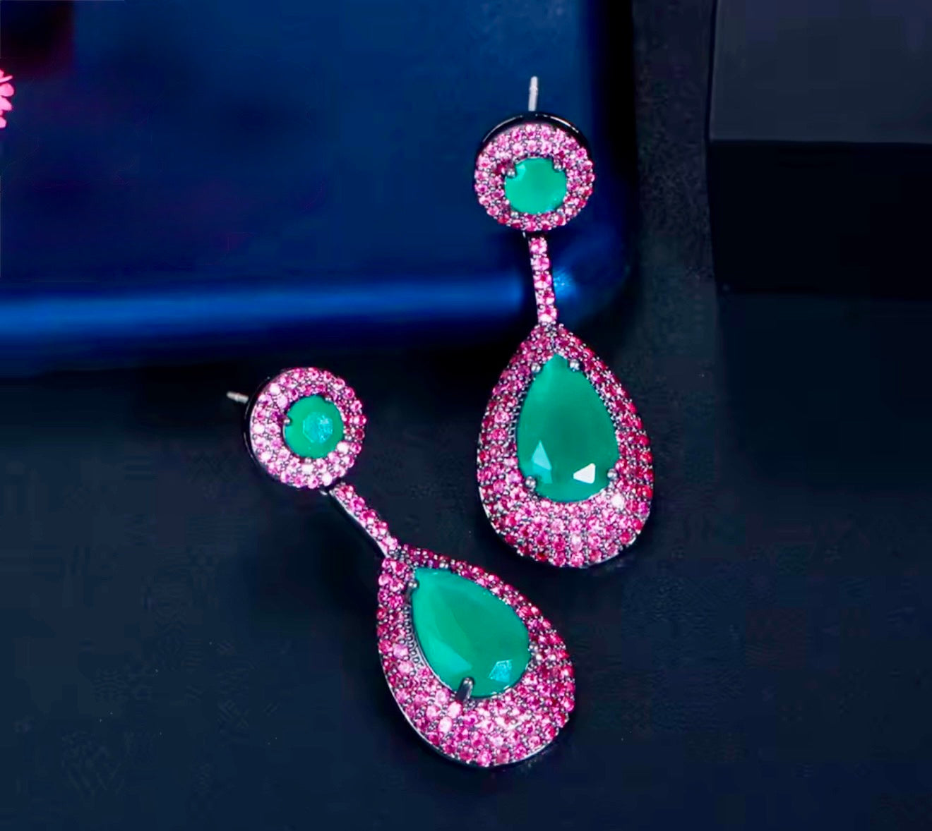 Pera Brazilian Emerald Green , Fuchsia Cubic Zirconia CZ Long Big Waterdrop Dangle Drop Earrings