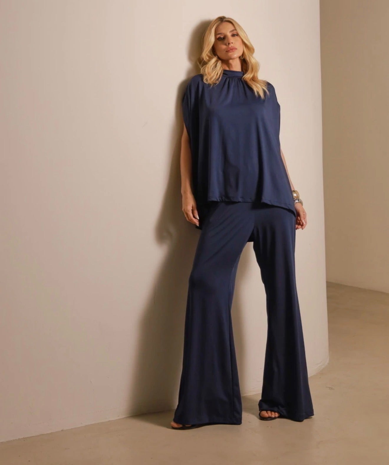 Keziah Draped Cape Top & Wide-Leg Pants Set