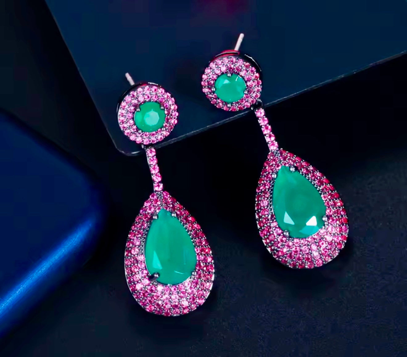 Pera Brazilian Emerald Green , Fuchsia Cubic Zirconia CZ Long Big Waterdrop Dangle Drop Earrings
