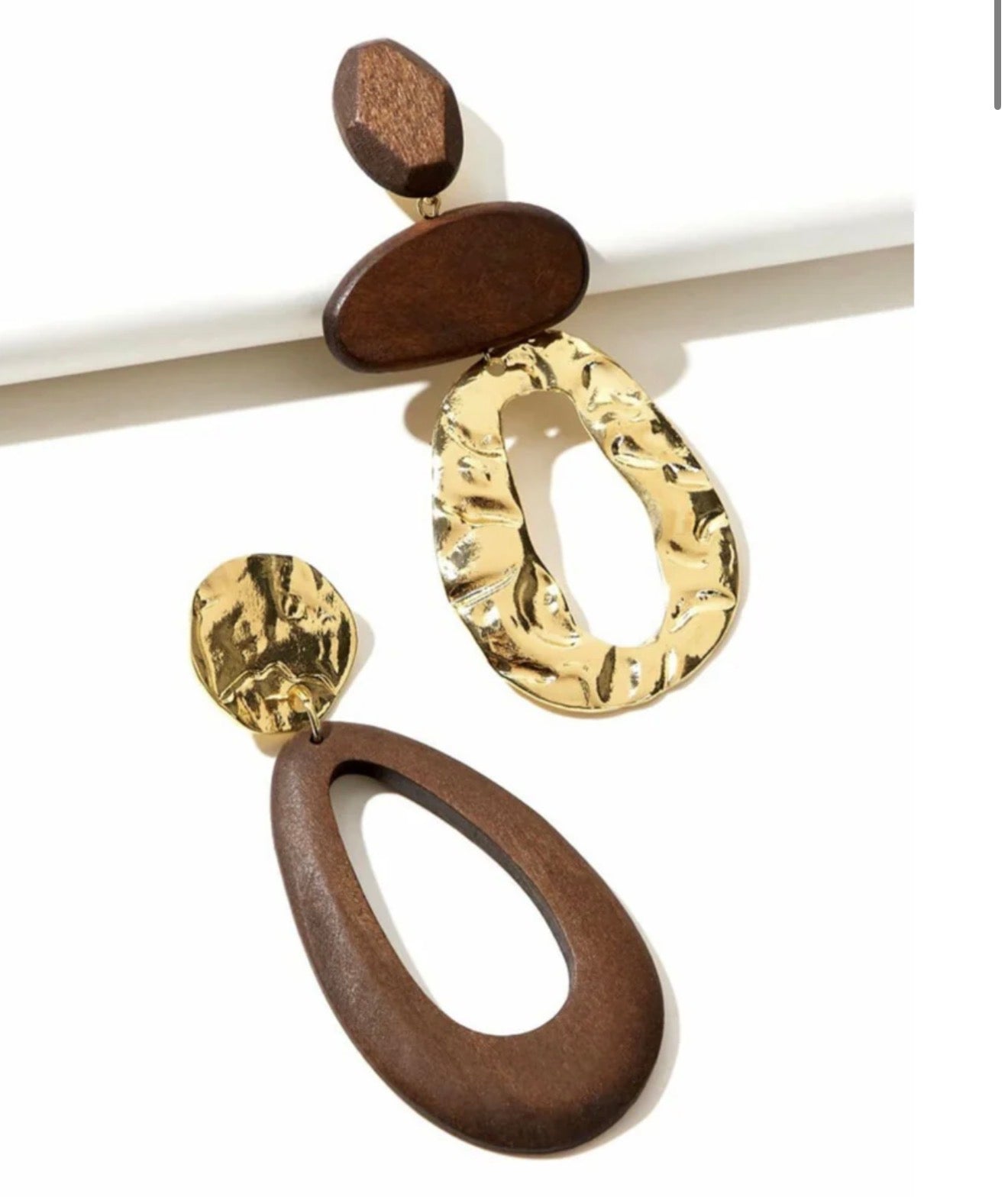 Asymmetrical Wood & Gold Metal Drop Earrings