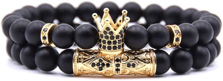 KAMRESH Black Onyx Stone Bracelets with King Crown Charm Set