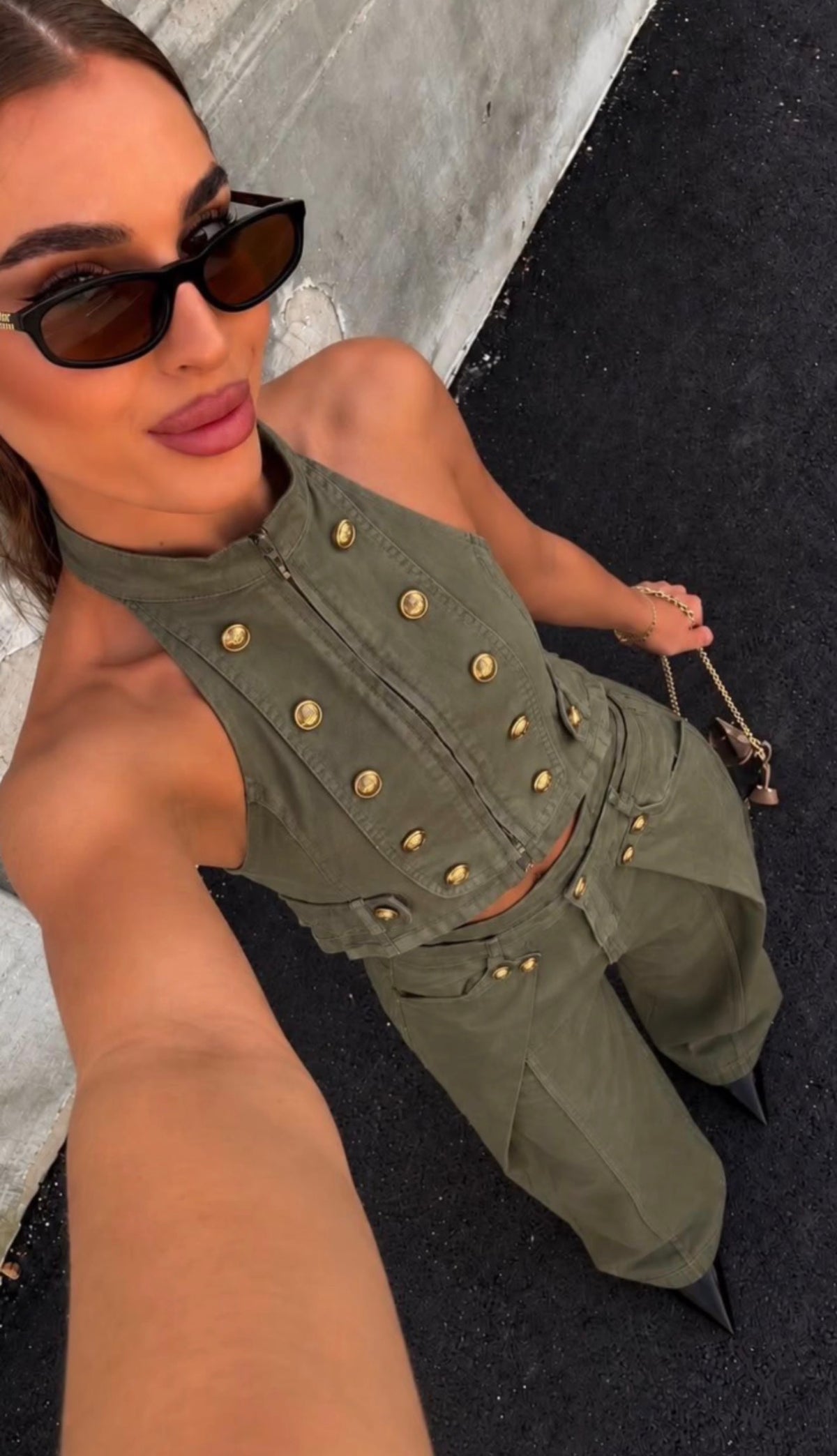 Olive Button-Detail Two-Piece Set