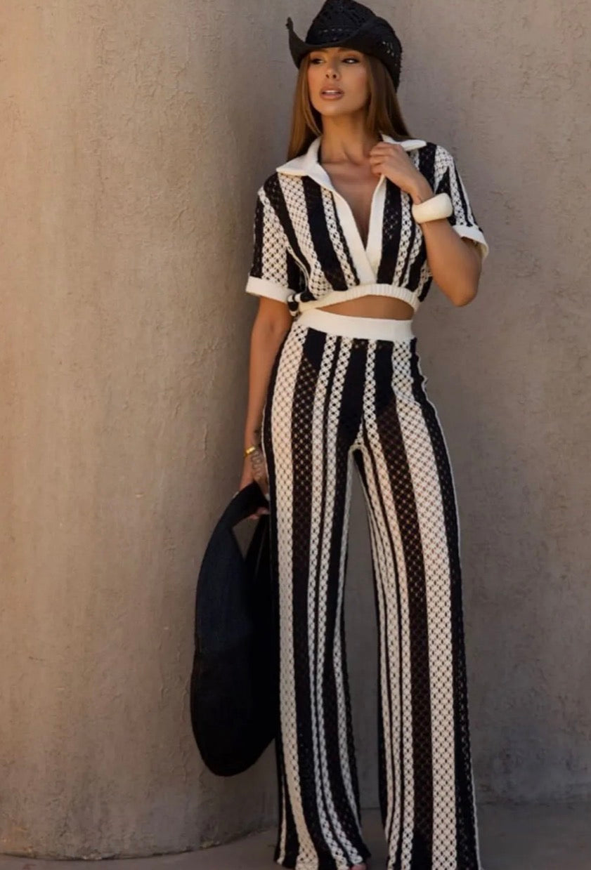 Striped Knit Set Pants Cropped Polo Neck Top