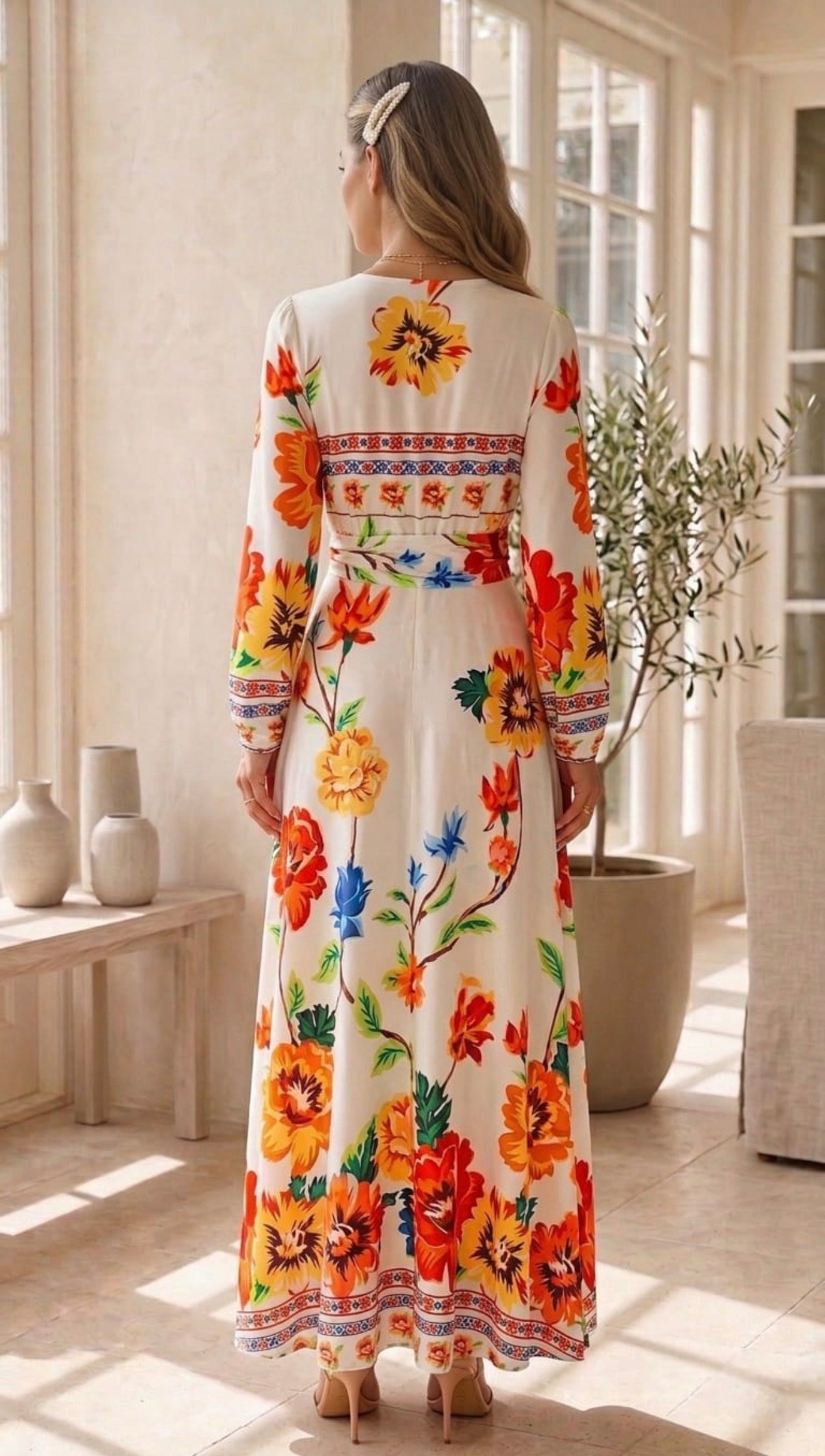 Luana Fluity Long Sleeve Floral Cutout Side Maxi Dress