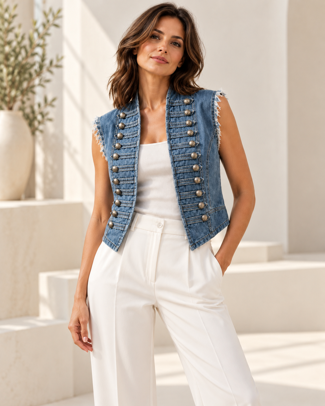 Blue Denim Button-Detail Vest