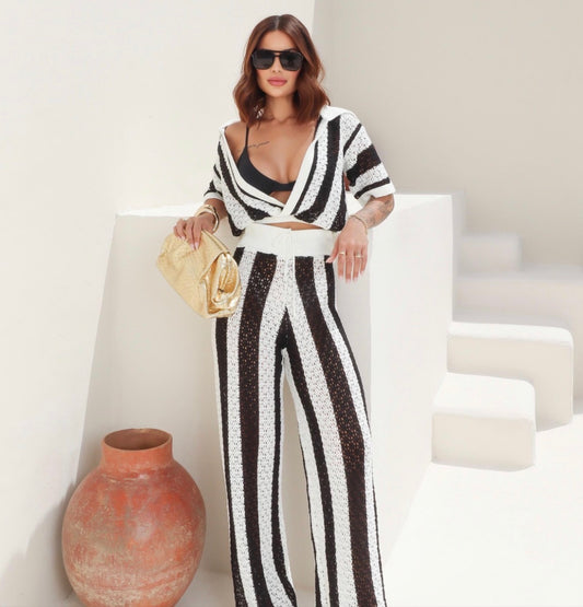 Striped Knit Set Pants Cropped Polo Neck Top