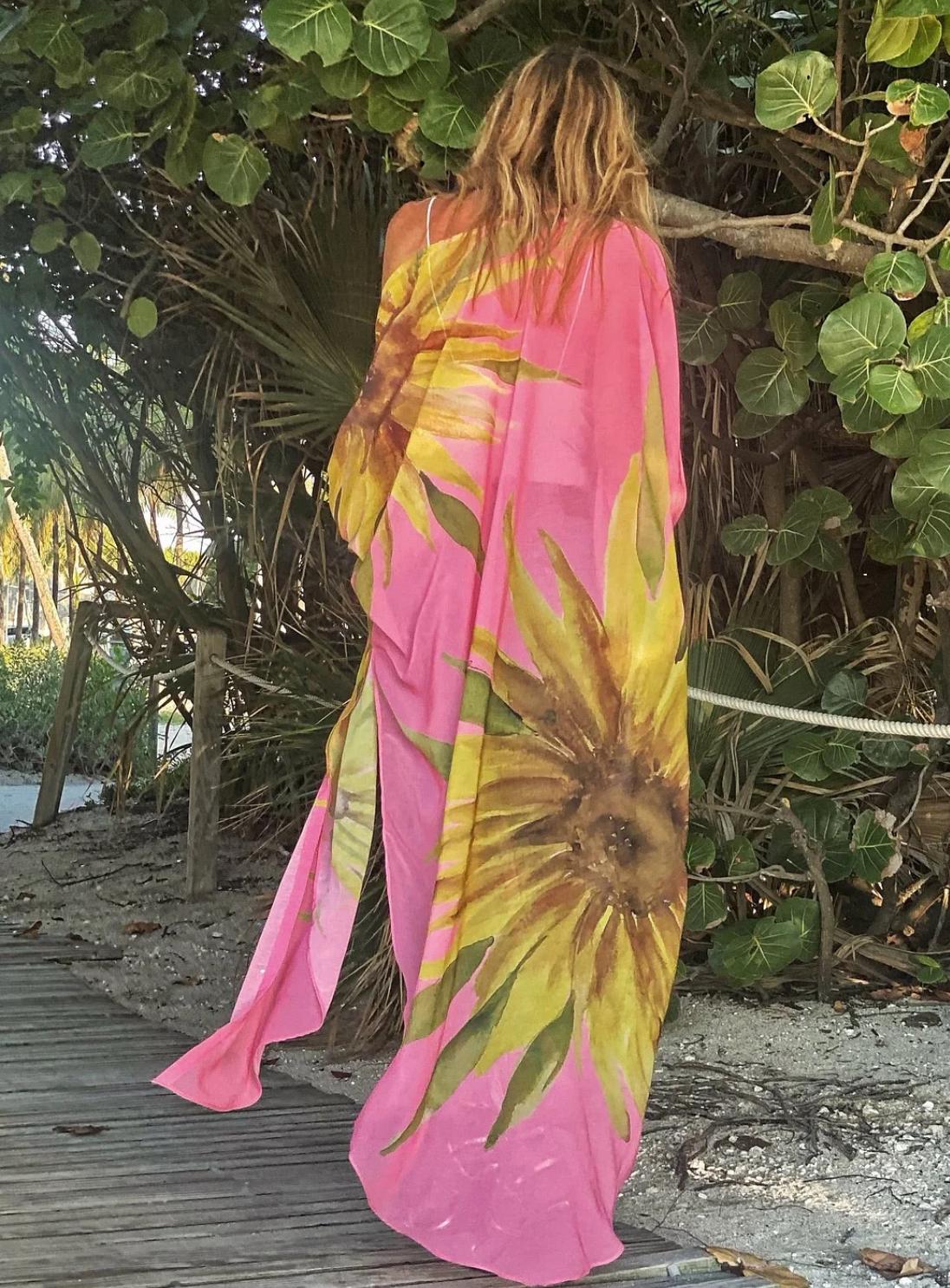 Parrot Print V Neck Semi-Sheer Cover Up & Pants