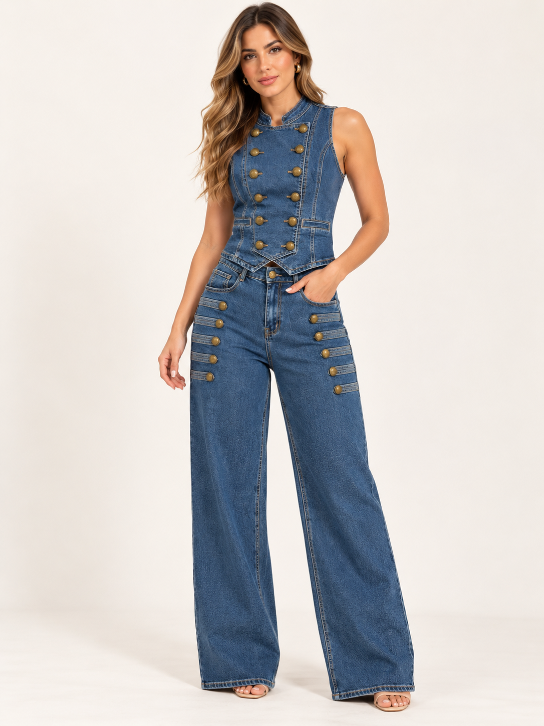 Double-Breasted Denim Vest & Wide-Leg Jeans Set