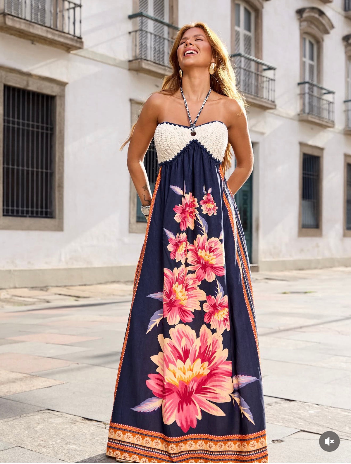 Navy Floral Maxi Dress with Crochet Halter Bodice