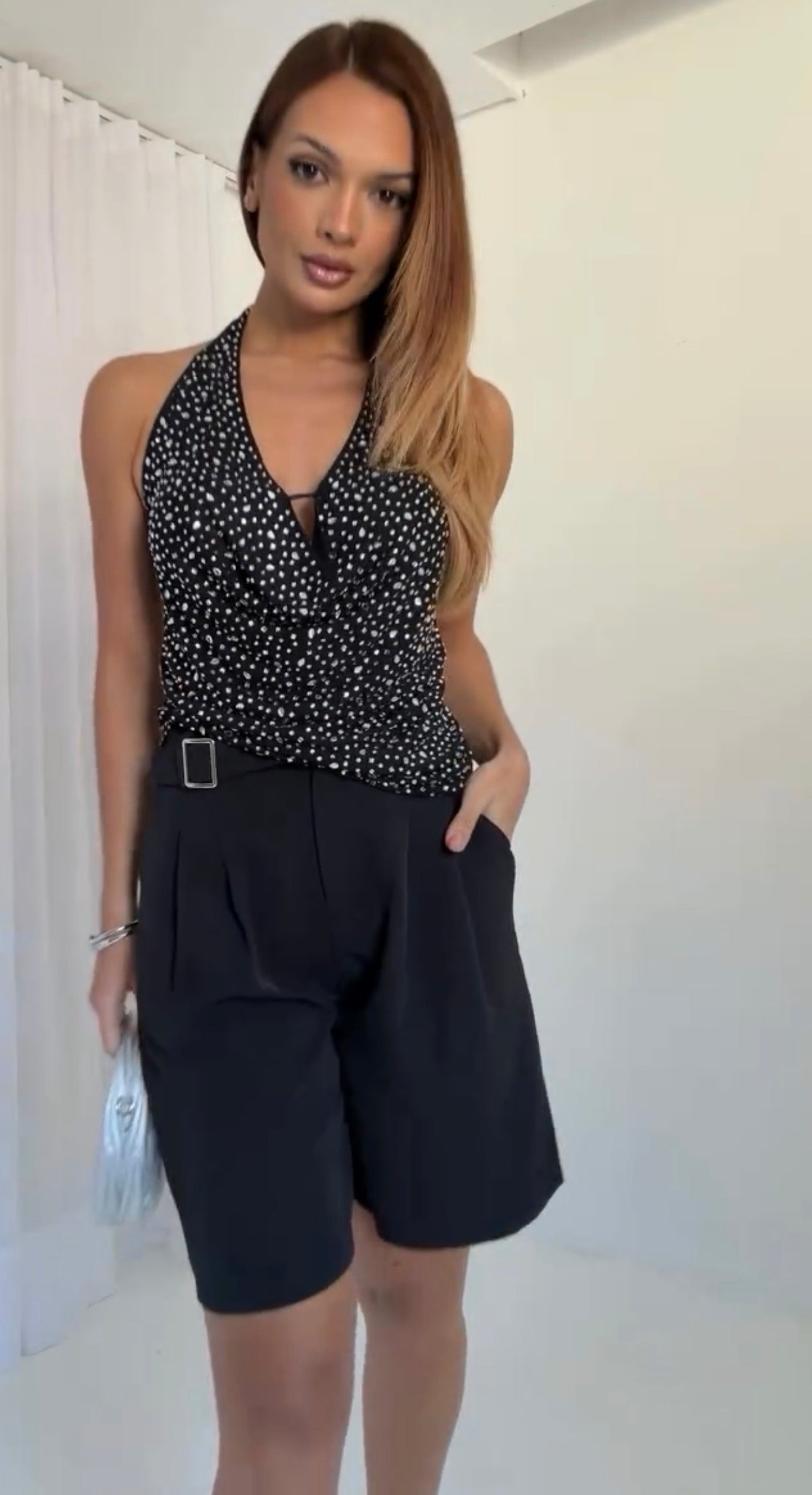 Glitzy Chic Rhinestone Cowl Halter Top