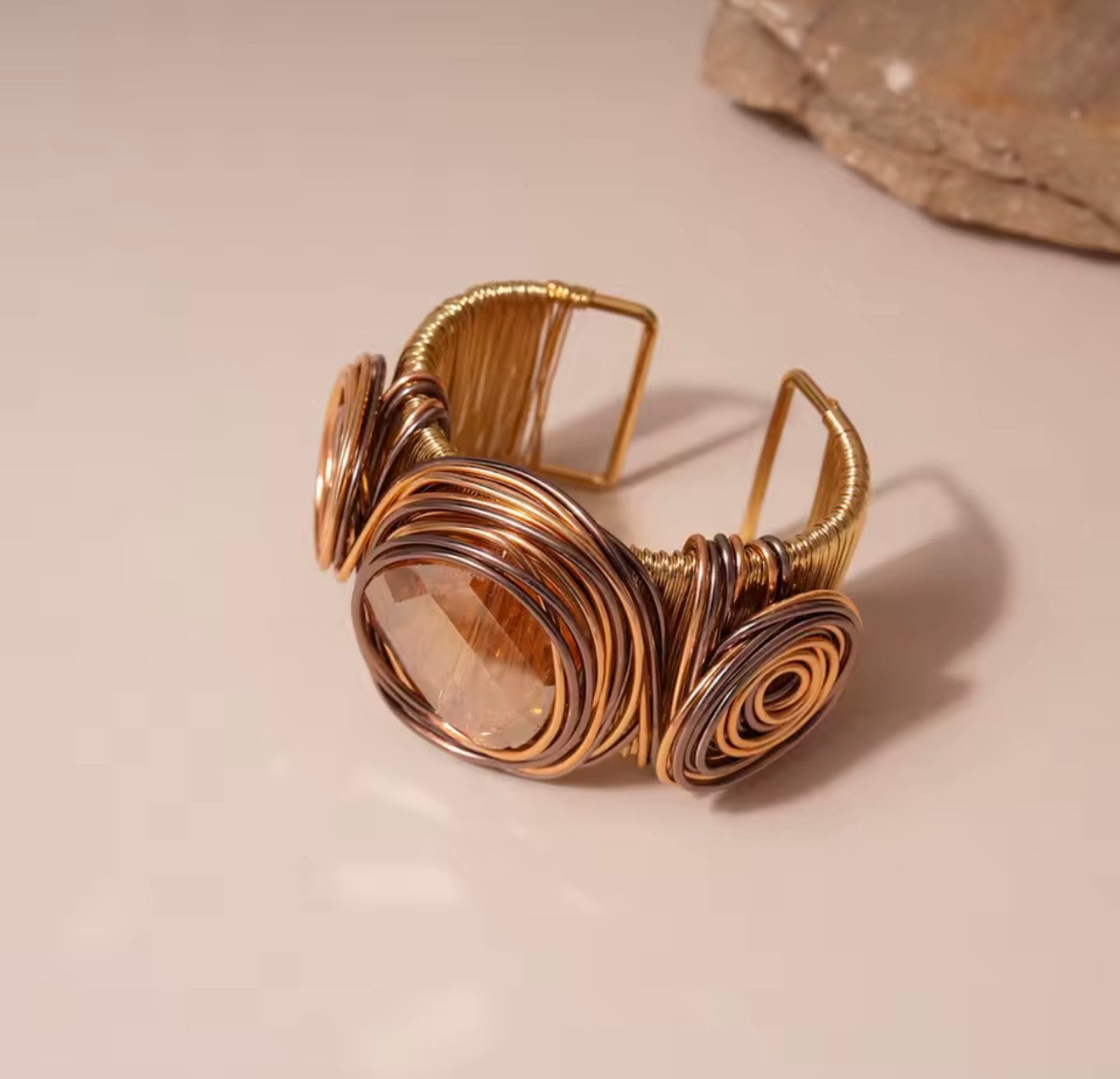 Bohemian Hand-Wound Multi-Layer Wire Wrapped Cuff Bracelet with Center Gemstone
