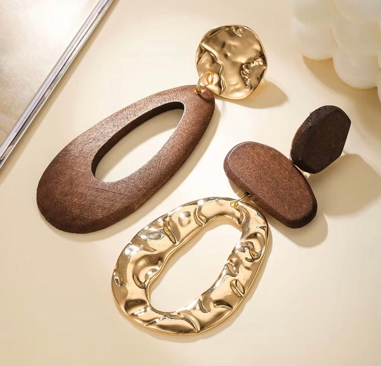 Asymmetrical Wood & Gold Metal Drop Earrings