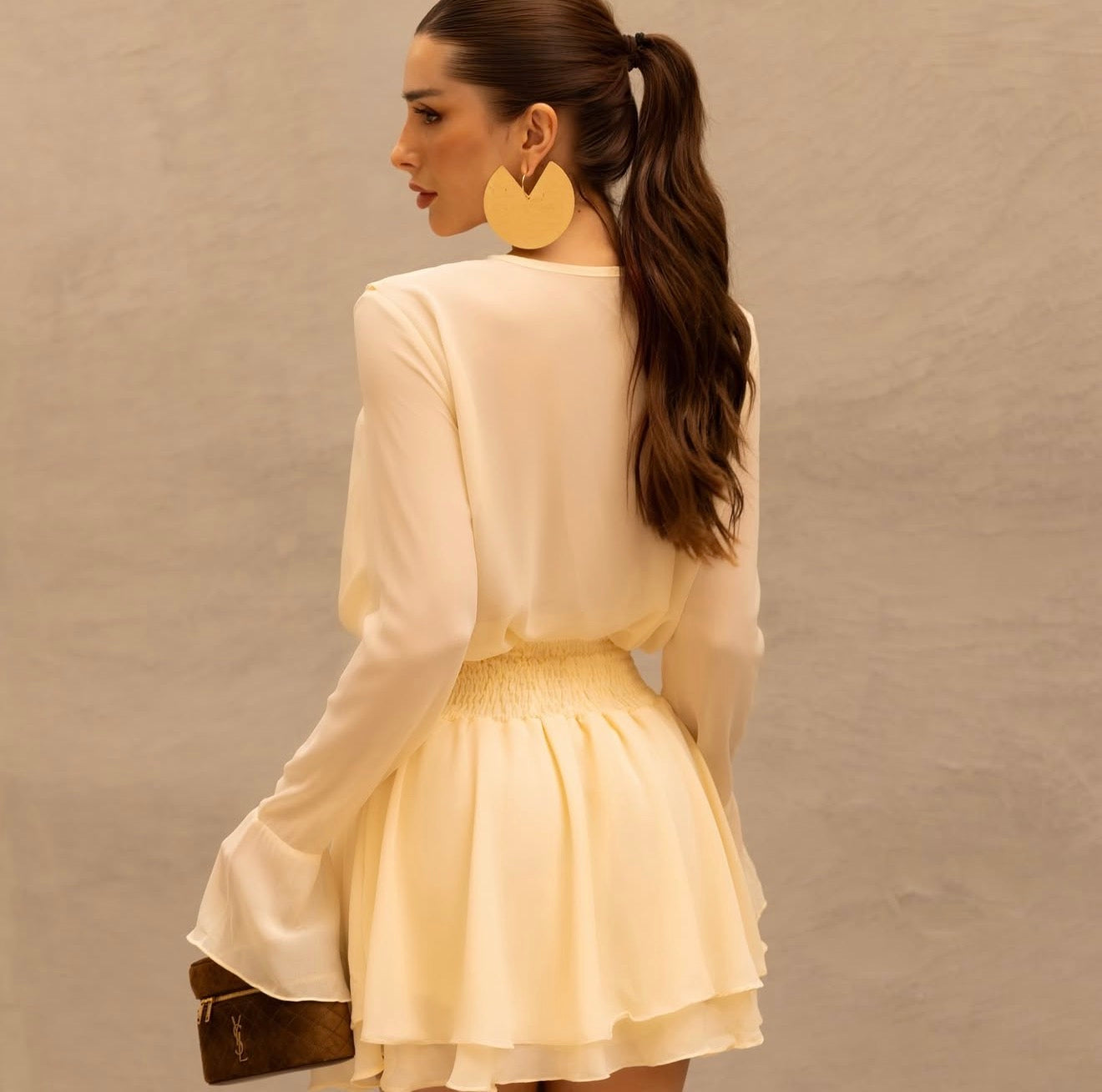 Cream Satin Dress with Ruffled Front and Wrap Waist