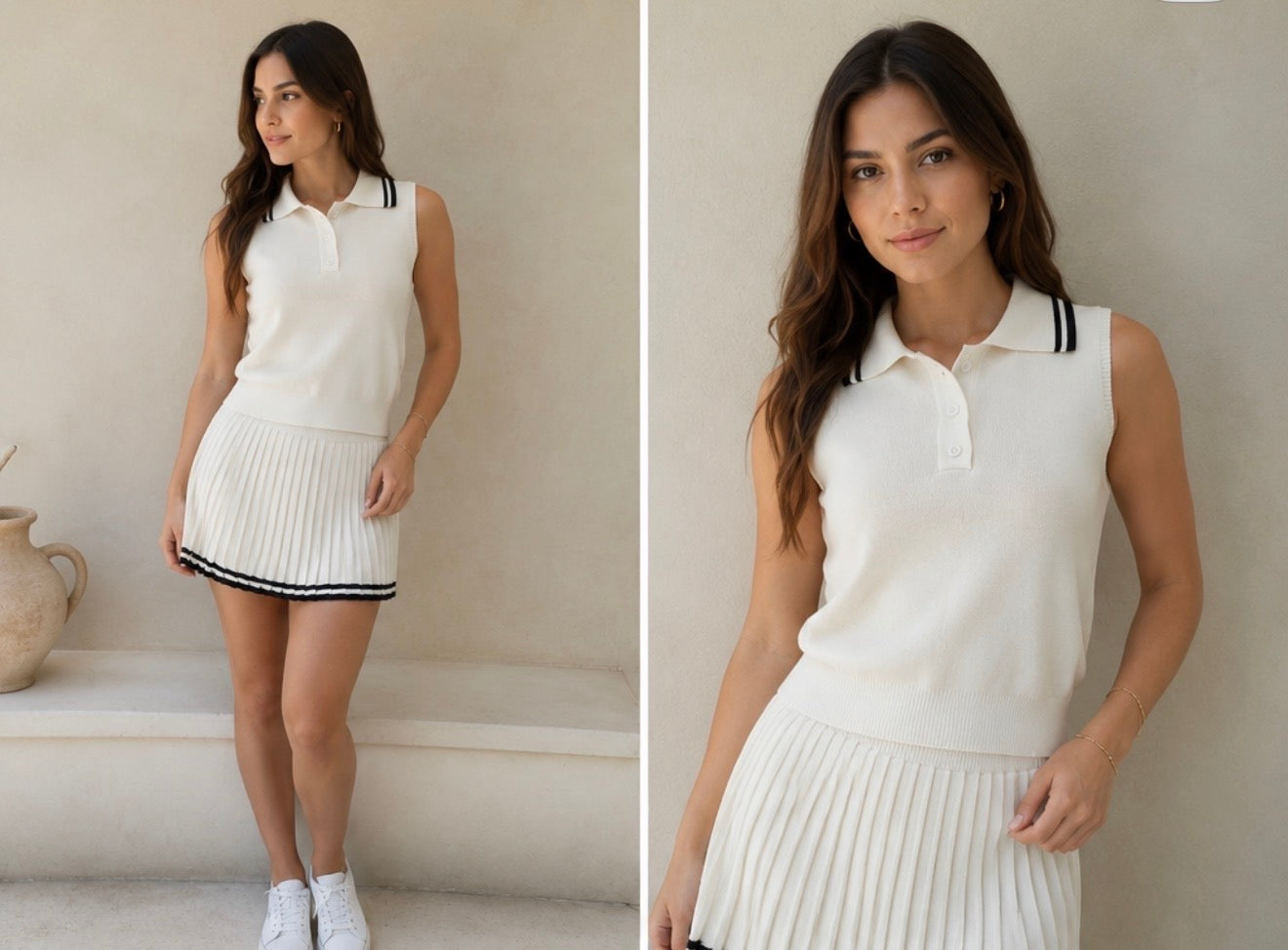 Women’s Knit Polo Top & Pleated Skirt Set