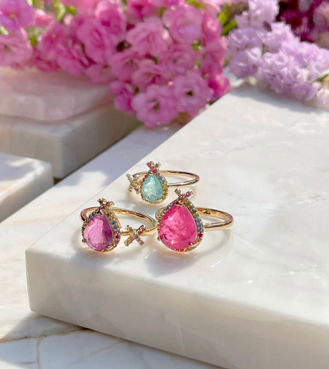 Pink Drop Tourmaline CZ colors gold plated ring